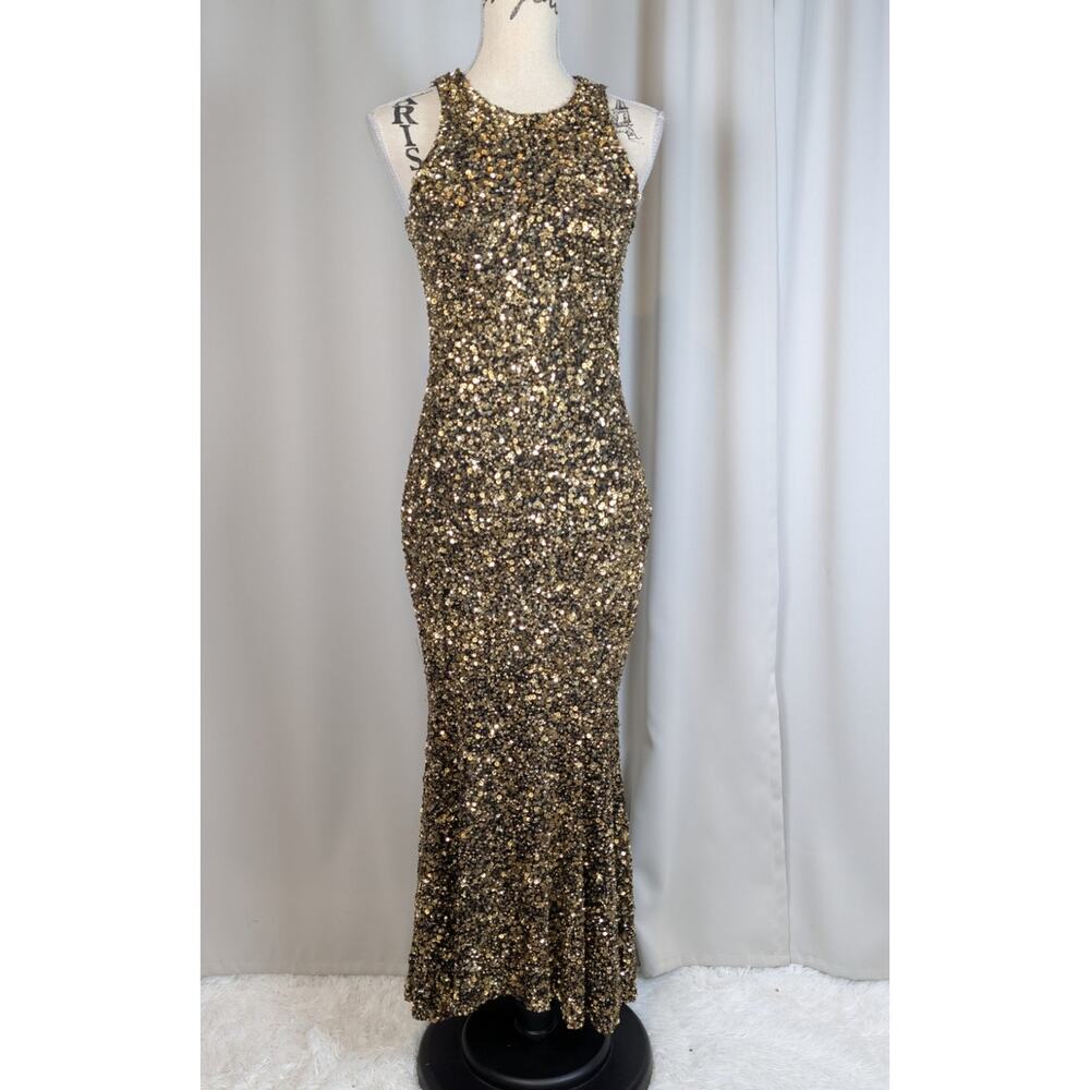 Theia Gold Sequin Gown Size 4 Black Gold Sleeveless Mermaid Maxi Dress - Picture 13 of 16